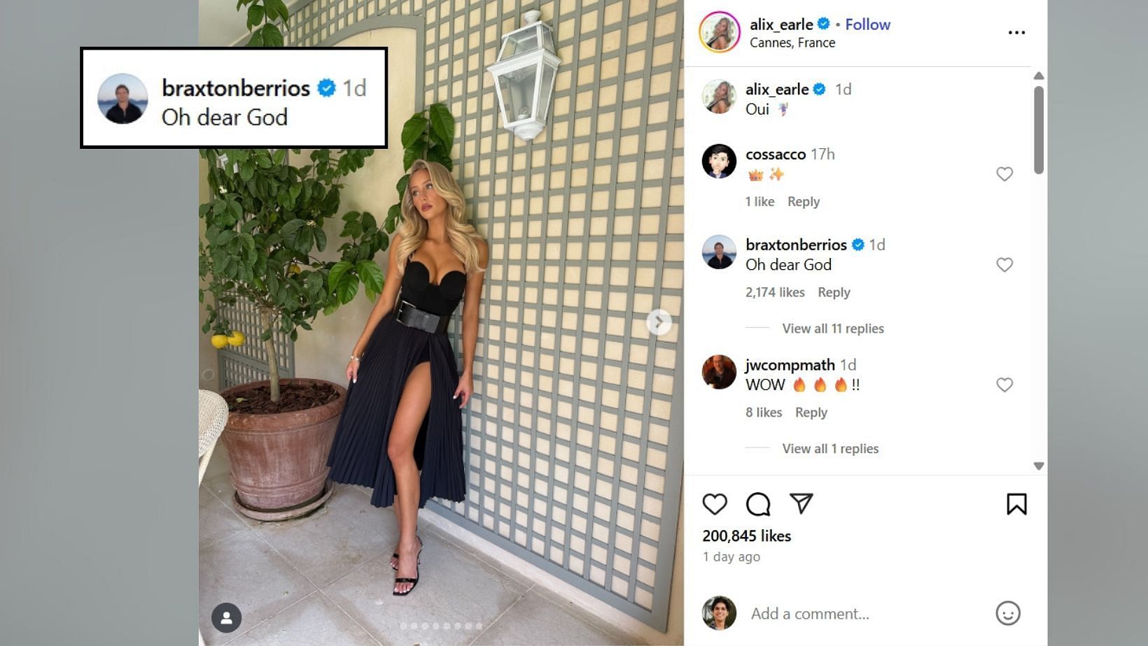 Braxton Berrios sends 3-word reaction to Alix Earle's stunning outfit for Cannes (Image Credit: Earle/IG)